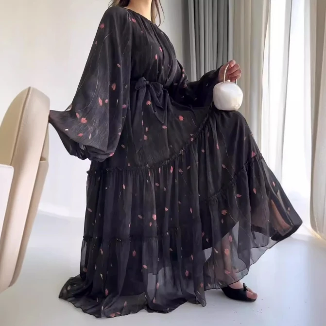 Countryside Style for Women 2024 Summer Elegant Sexy Long Skirt Round Neck Lantern Sleeve Stylish Print Boho Mid Waist Dress