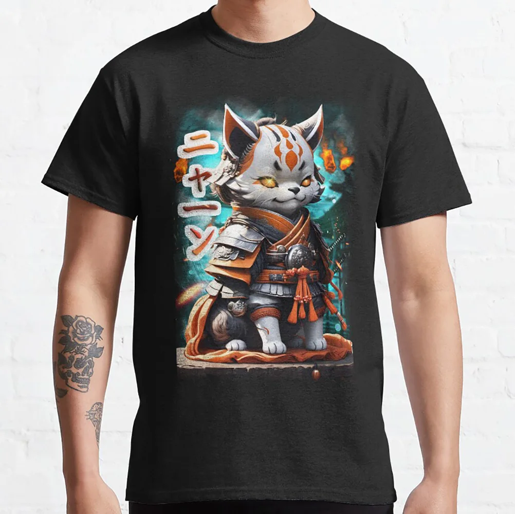

Samurai Cat 02 Gift T-Shirt for Cat lover 100% cotton printed tee Short sleeve Graphic clothes All size tops S-6XL