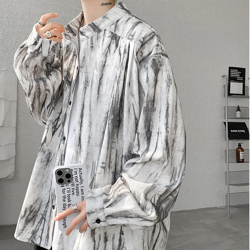 

Stand Collar Tie-dye Shirt Men Handsome Long Sleeve Men's Clothing Spring Autumn Korean Loose Streetwear Casual Shirts