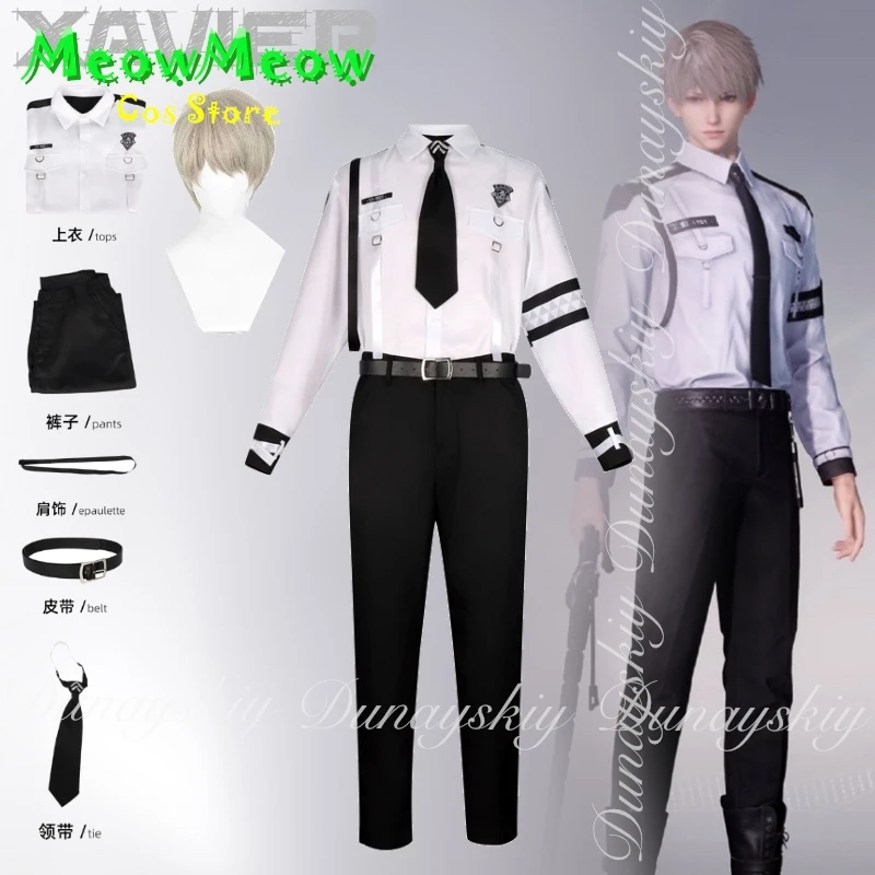 

Love and Deepspace Game Xavier Cosplay Prince White SWAT Suit With Short Silver Gray Wig Full Costume Set