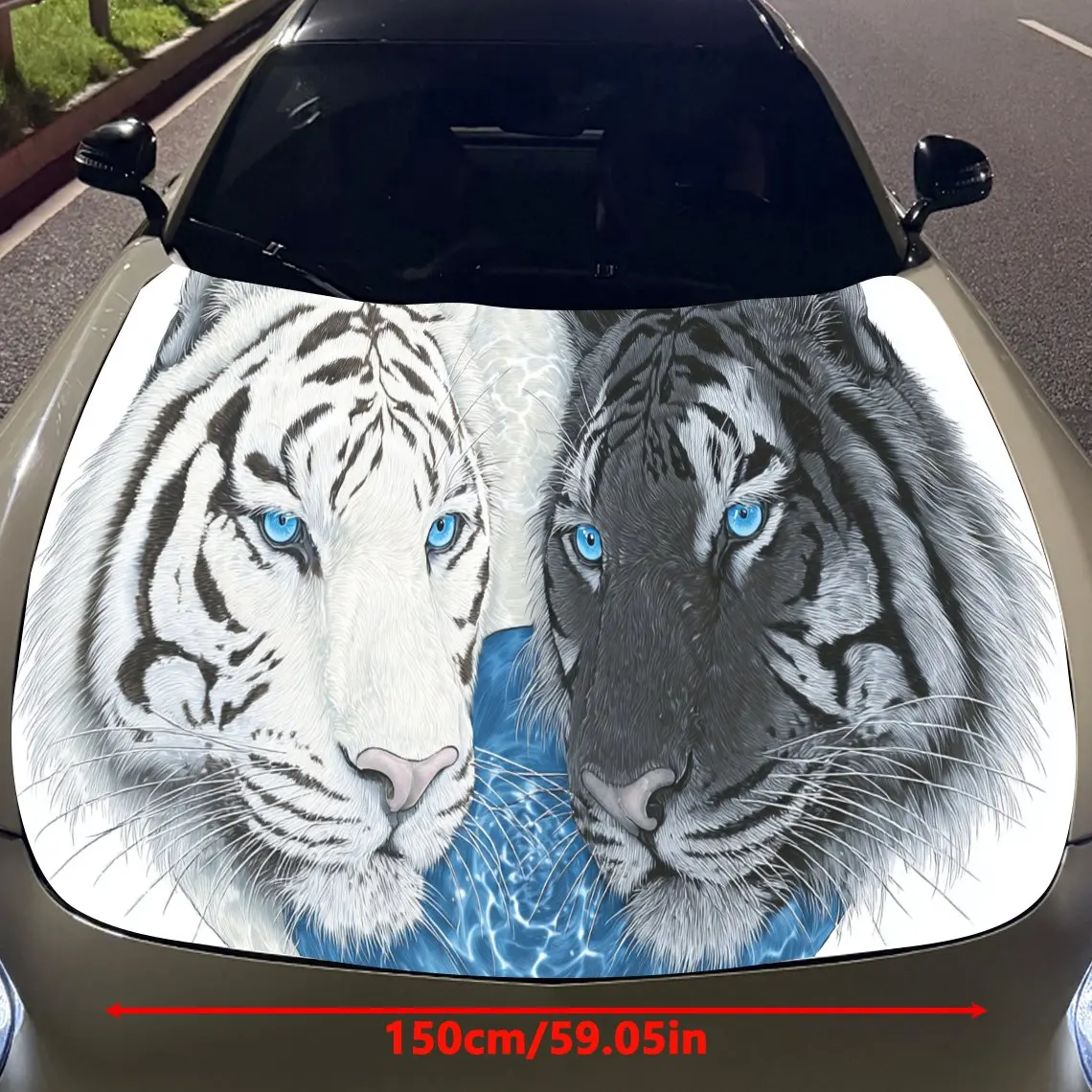 Graceful Two Tigers Car Engine Hood Sticker, Auto Vinyl Wraps, Waterproof Self-adhesive Vehicle Decal, Durable & Anti-scratch Au