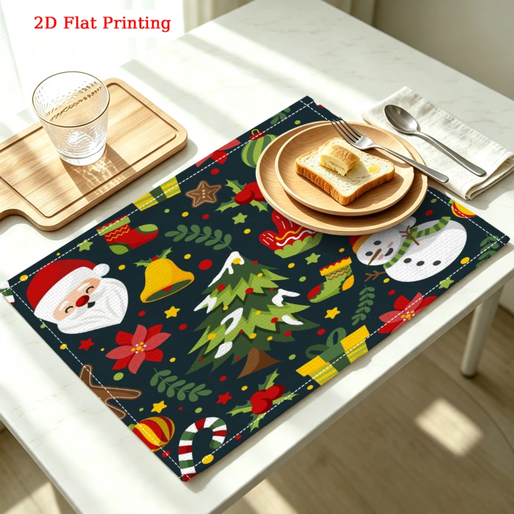 1Pc Christmas Style Placemat Dark Blue Santa Claus Snowman Tree Print Table Mat For Kitchen Dining Home Decor Gift Use 30X40Cm