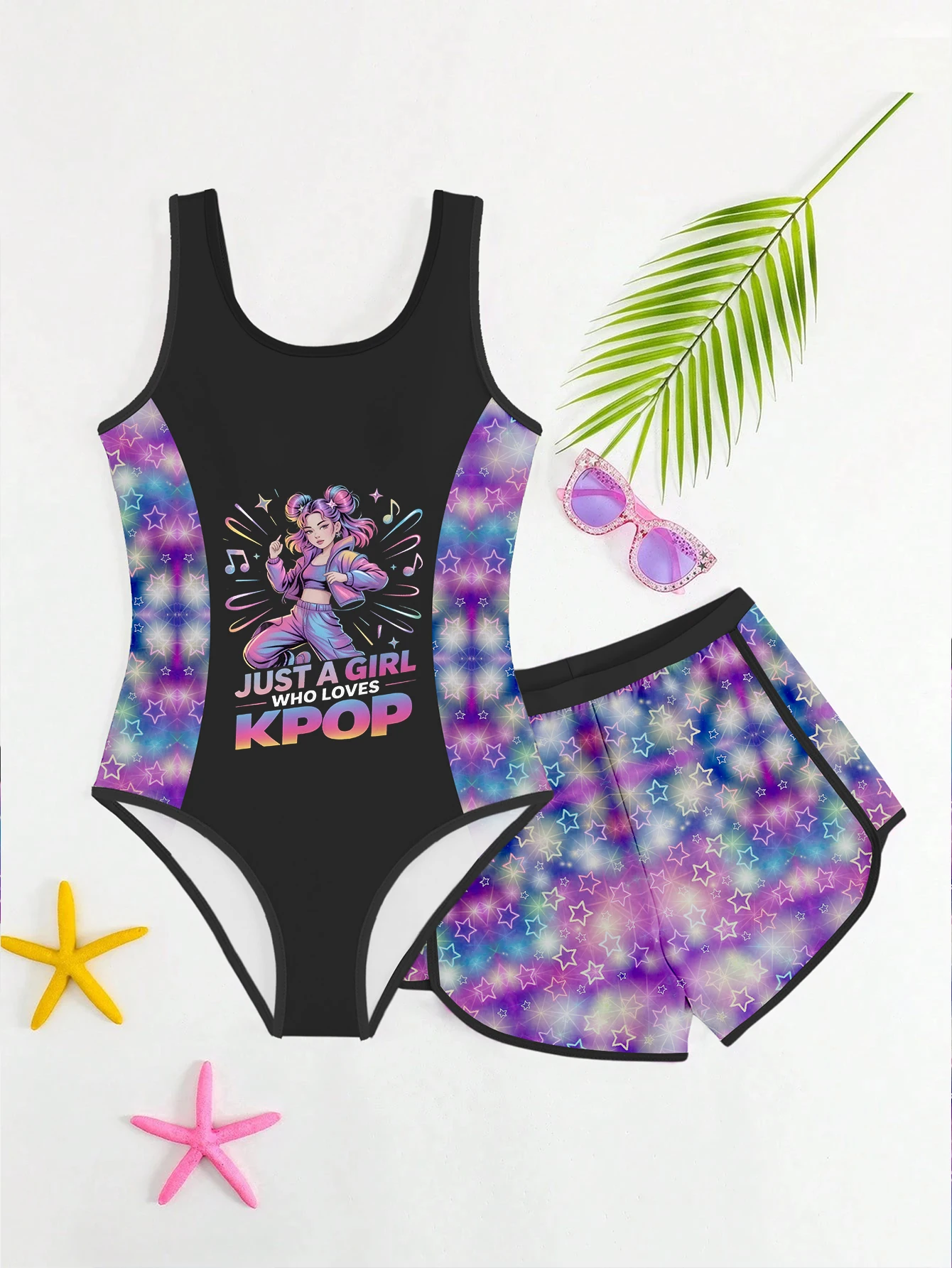 Sommer-Badeanzug-Set für Mädchen: Einteiliger Badeanzug mit K-Pop-Cartoon-Idol-Print + Badehose (2-teiliges Set) – Strand-Badebekleidung für Kinder, Ava – Detail 3
