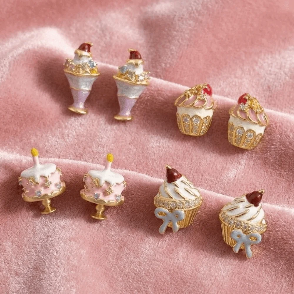 Enamel Birthday Cake Stud Earrings Childishness Zircon Mousse Cake Earrings Sweet Korean Style Ice Cream Ear Studs Hipster