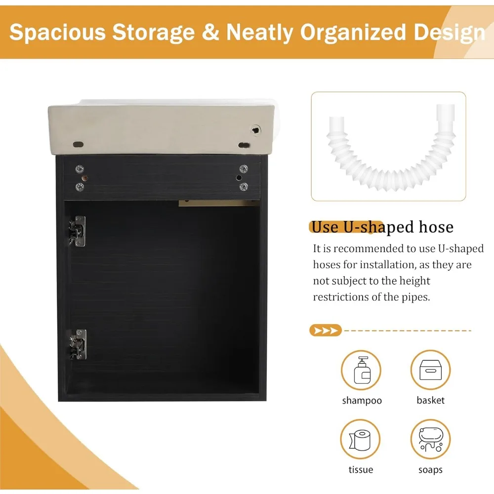 vaidade contemporânea de parede de 16" com pia integrada e armário preto