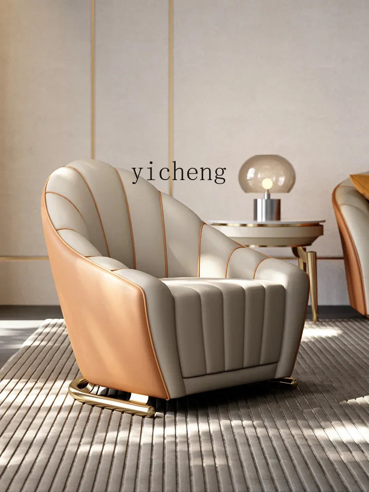 ZC Leisure Chair Modern Villa Living Room Art Genuine Leather Couch Creative Designer Armchair