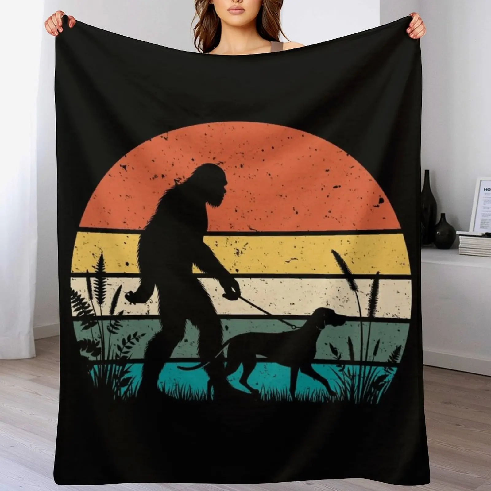 

Bigfoot Walking a Vizslas Dog Vintage Sunset Hiking Dog Lover Throw Blanket Baby Luxury Throw Thins sofa bed Blankets