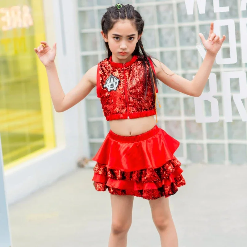 Mädchen Kinder Pailletten Jazz-Tanzkostüm Modern Dance Cheerleading-Outfit Kindergarten Bühnenkostüm Tanzrock-Set – Detail 6