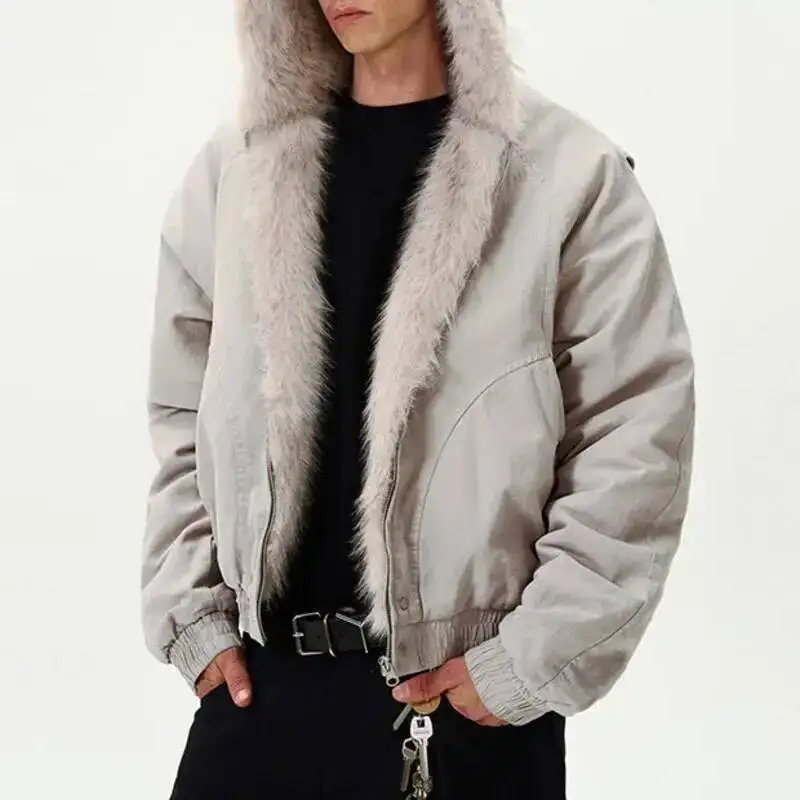 American Style Men's Padded Jackets Hooded Solid Color Faux Fur Vintage Casual Tops Deconstruction Fleece Male Coats 9XV77U