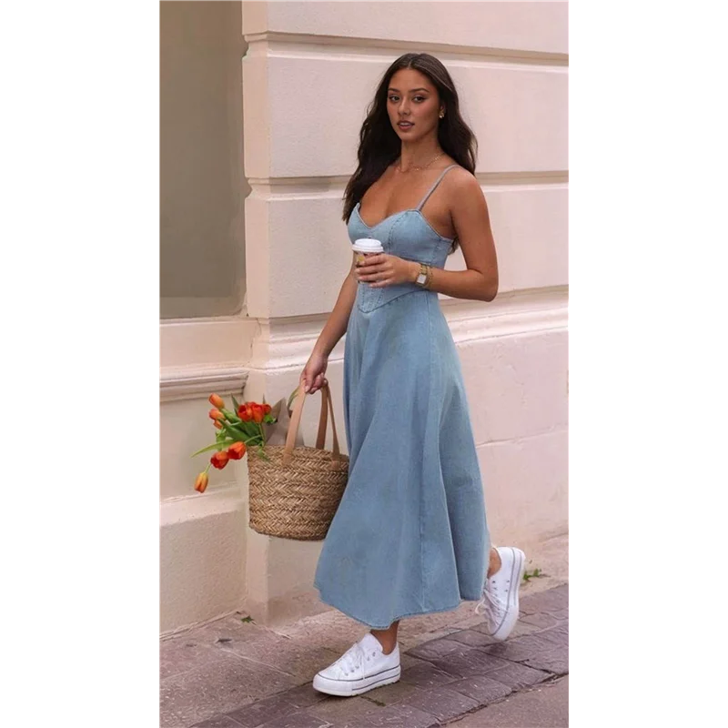 

ABRT-Women's Sleeveless Strapless Slim Fit Denim Dress 2025 Flowy Jean Dress