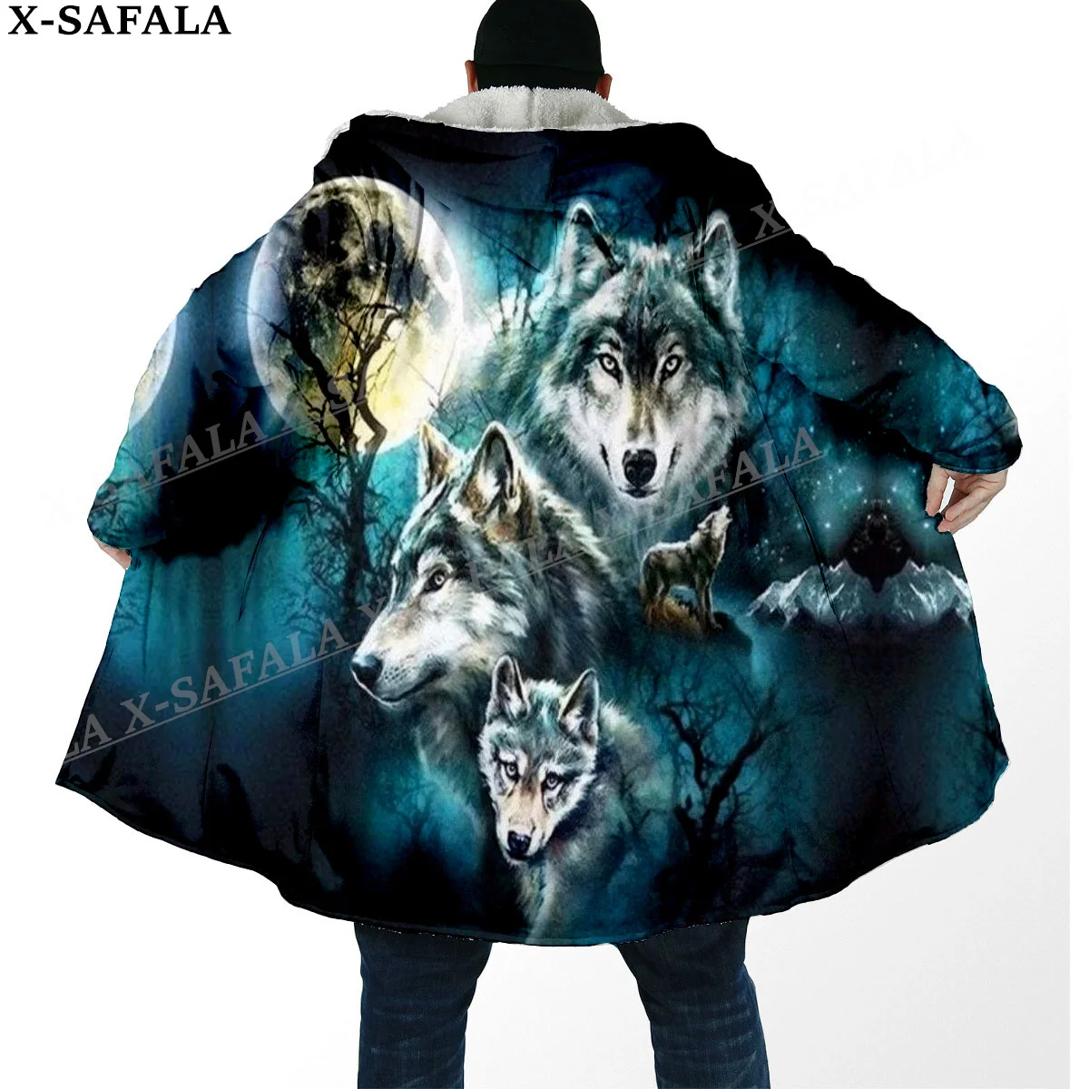 Elegant  Wolf Spirit Totem Arts Thick Warm Hooded Cloak Men Overcoat Coat Windproof Fleece Cape Robe Hooded Blanket-4