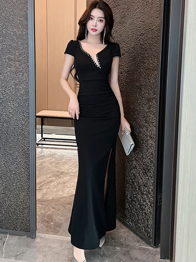 

Women Red Elegant Diamonds V-Neck Sexy Club Dress 2025 Fashion Chic Vestidos Summer Korean Vintage Hepburn Black Long Dress Gown