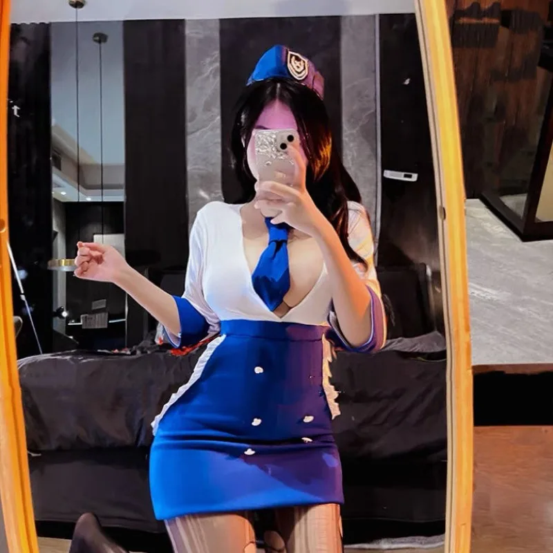 

Sexy Airline Stewardess Office Secretary Cosplay Costumes Lingerie Set Uniform Open Chest Hip Wrap Skirt Air Hostess Temptation