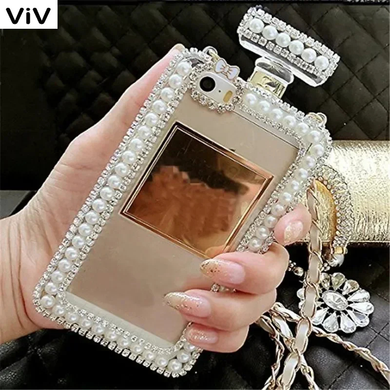 Diamond Crystal Pearl Perfume Bottle Shaped Chain Case Cover for Samsung S24 Ultra S9, S10 Plus, Note 9, Note 10, 20 Ultra, Cute