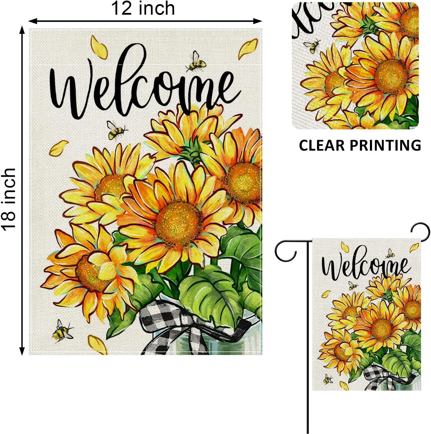 Welcome Spring Summer Sunflower Decorative Garden Flag, Floral Flower Petal Mason Jar Bee Yard Outside Decorations, Fall Autumn