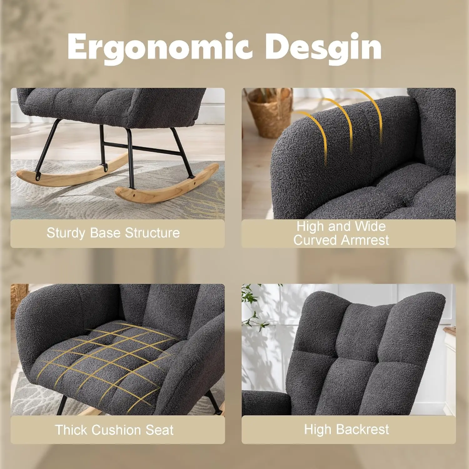 

Phore Nursery Rocking Chair Teddy Upholstered Glider Rocker With High Backrest Armchair Comfy Side Modern Rocking Accent Chairs