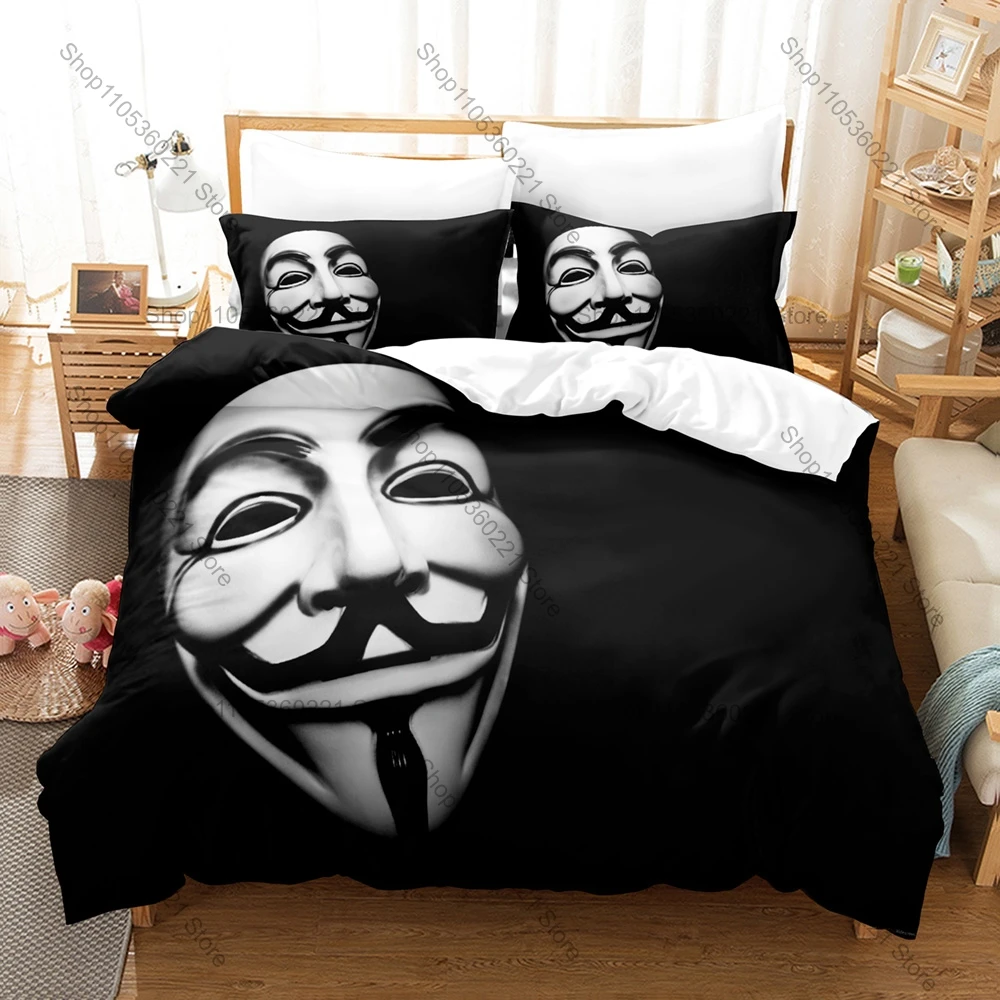 Cool Technology Anonymous Themed 3PCS Bedding Set Vivid Hacker Art Print Cozy Microfiber Bed Set