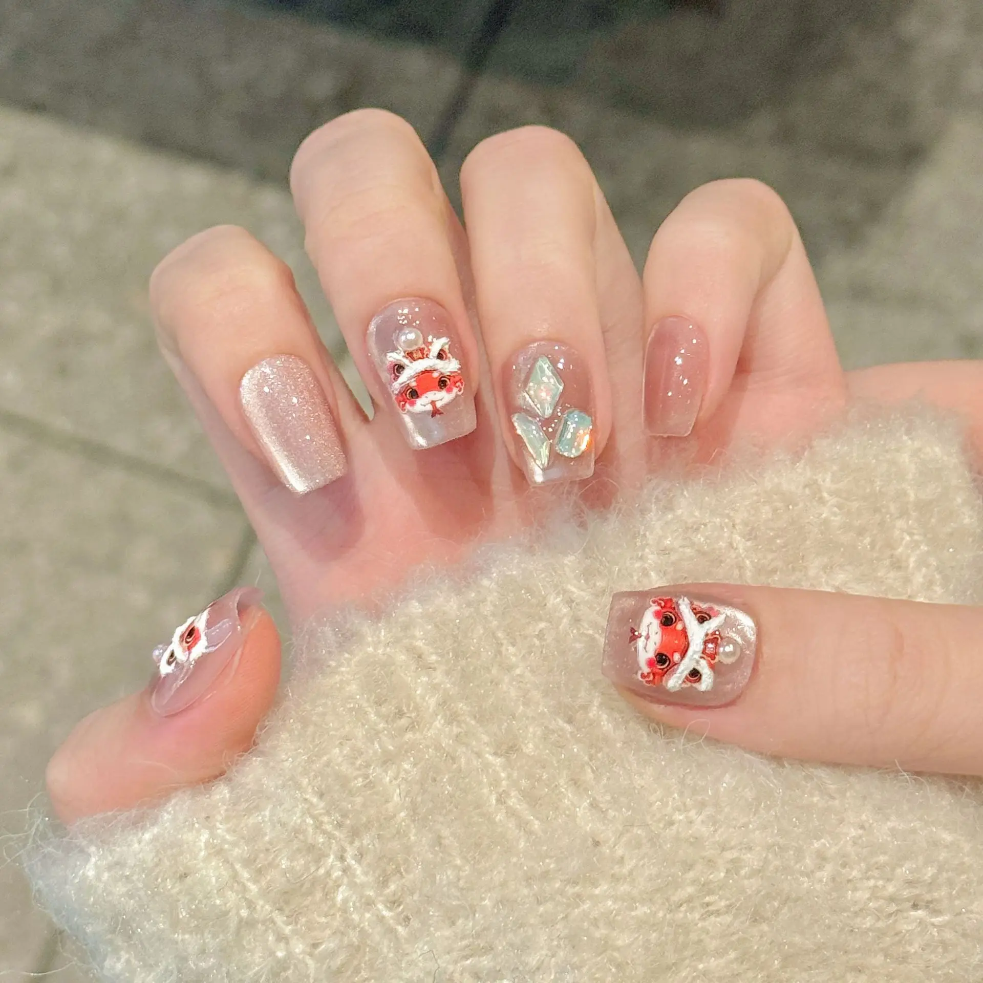 Handmade Press on Nails Sweet Pink Cat Eye Fake Nail Tips Chinese Cute Luck Lion New Year Gift Wearable Ins Fashion Fake Nails