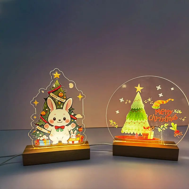 Night Lamp Christmas Decoration USB LED Color Printing Night Light Personalized for Home Baby Mother Room Wooden Base NightLight