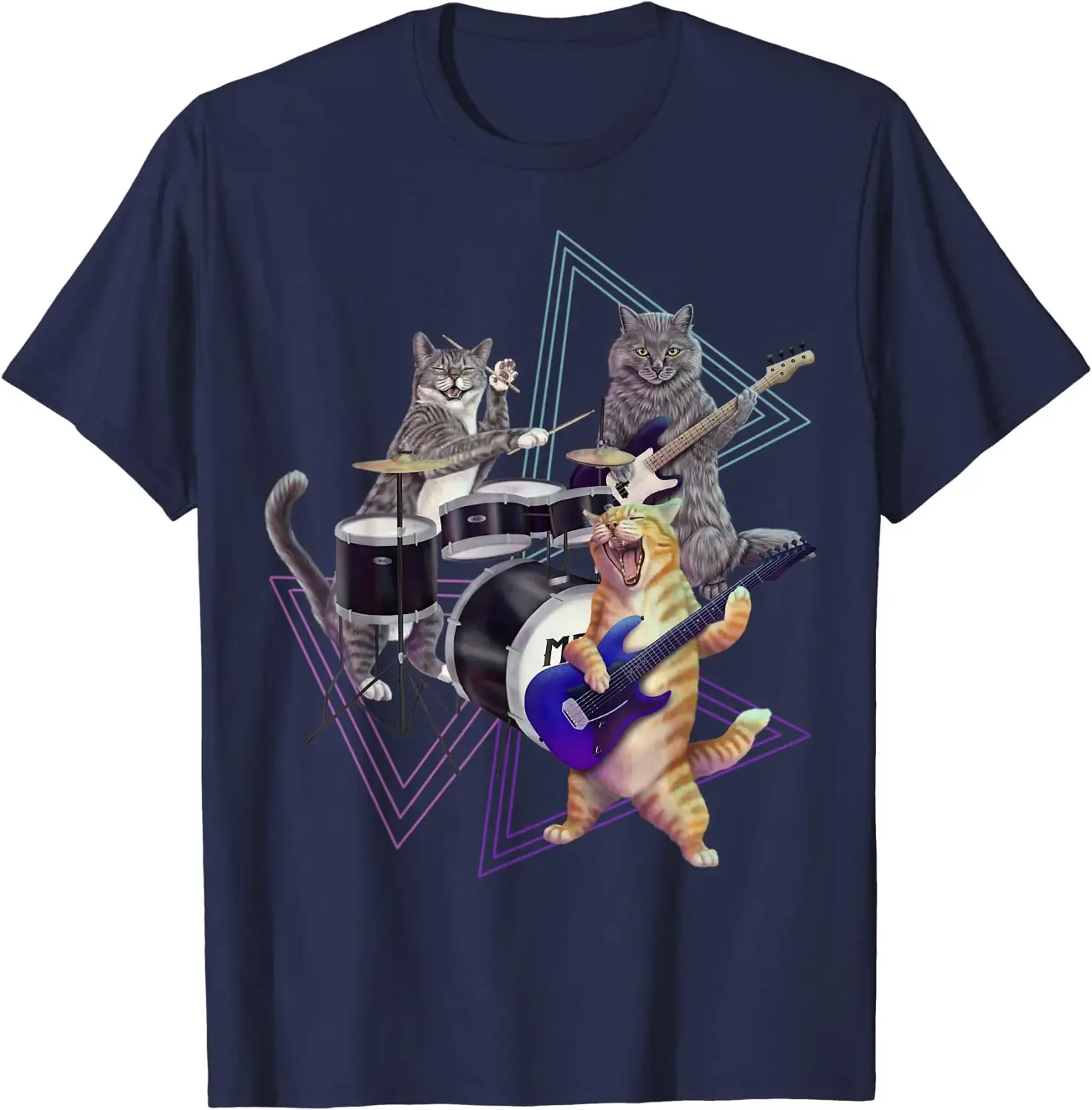 Cat Band Rock Kitties on Bass Guitar and Drum Funny MenT-Shirt Men Clothing Casual Cotton Daily Four Seasons Streetwear