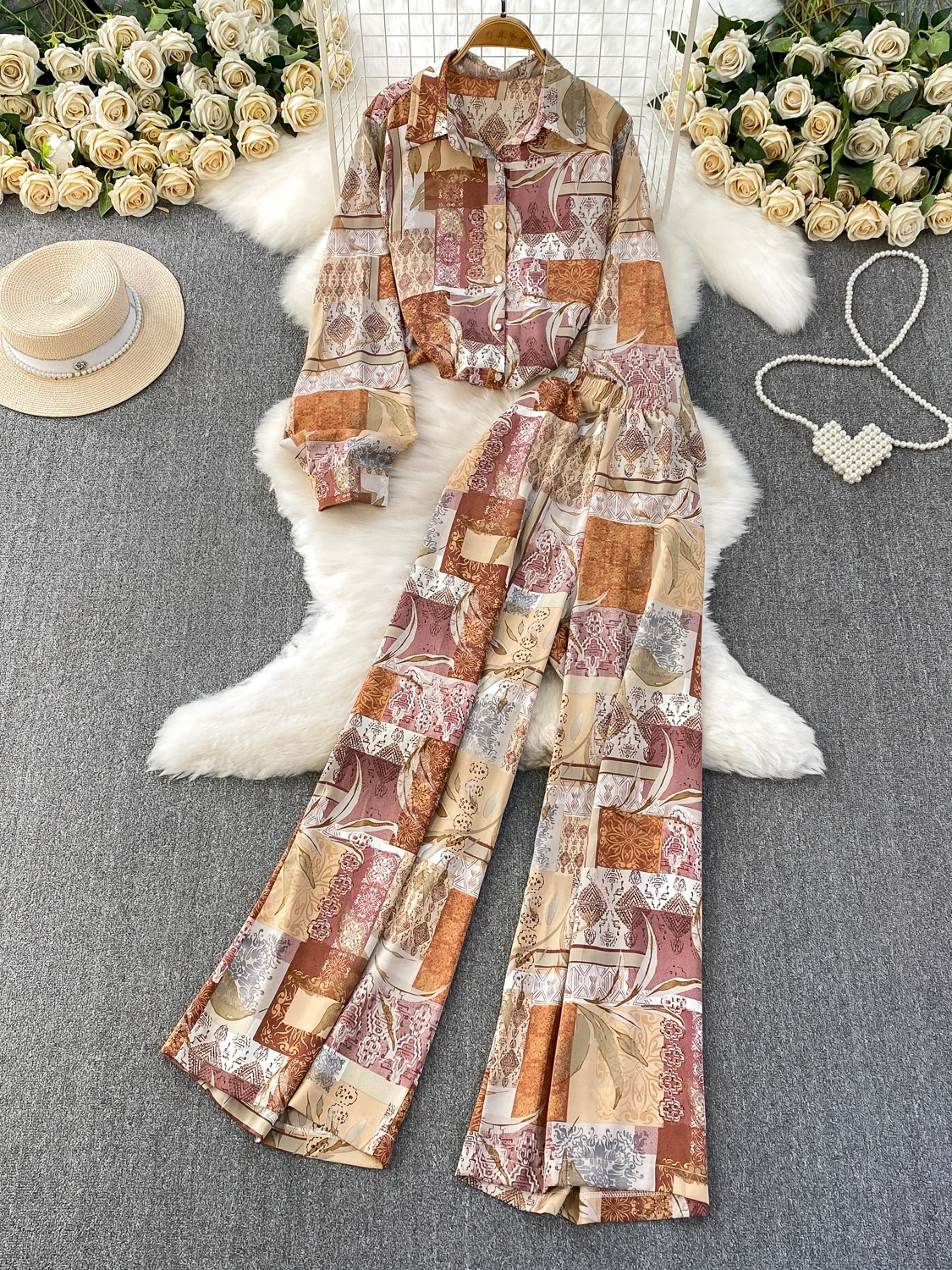 

Ретро мояный принт с отложным воротником-фонариком Све Защита от солнца irt Тонкие широкие расклешенные брюки с высокой талией Комплект из двух предметов