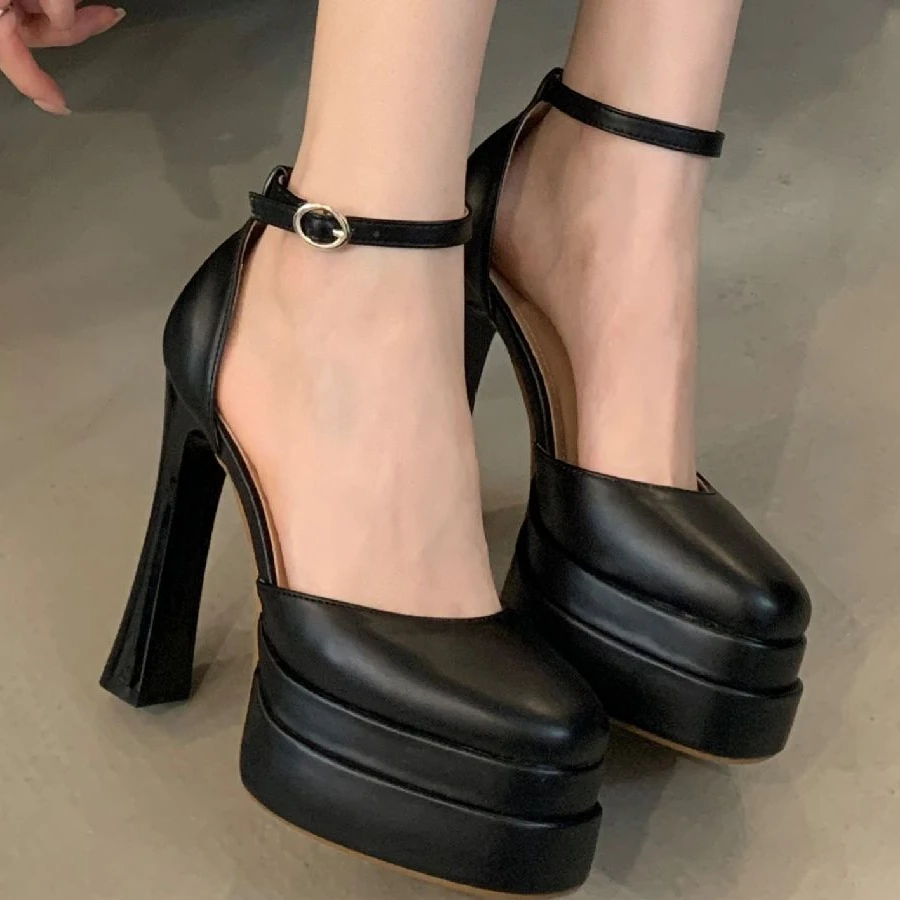 여성 샌들 2025 새로운 스타일 원 스트랩 사이드 컷 아웃 두꺼운 플랫폼 하이힐 12cm Biege 대형 사이즈 42 여름 신발