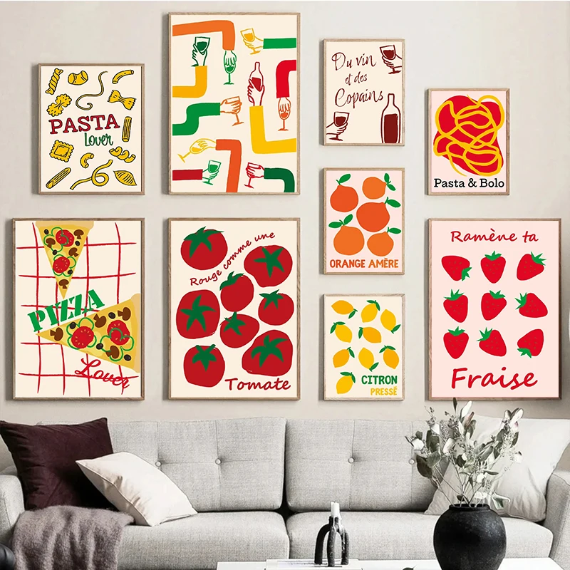 (No frame)Kitchen Lemon Orange Strawberry Pizza Aperitif Good Wine Poster Print Wall Art Pictures Canvas Painting Living Room