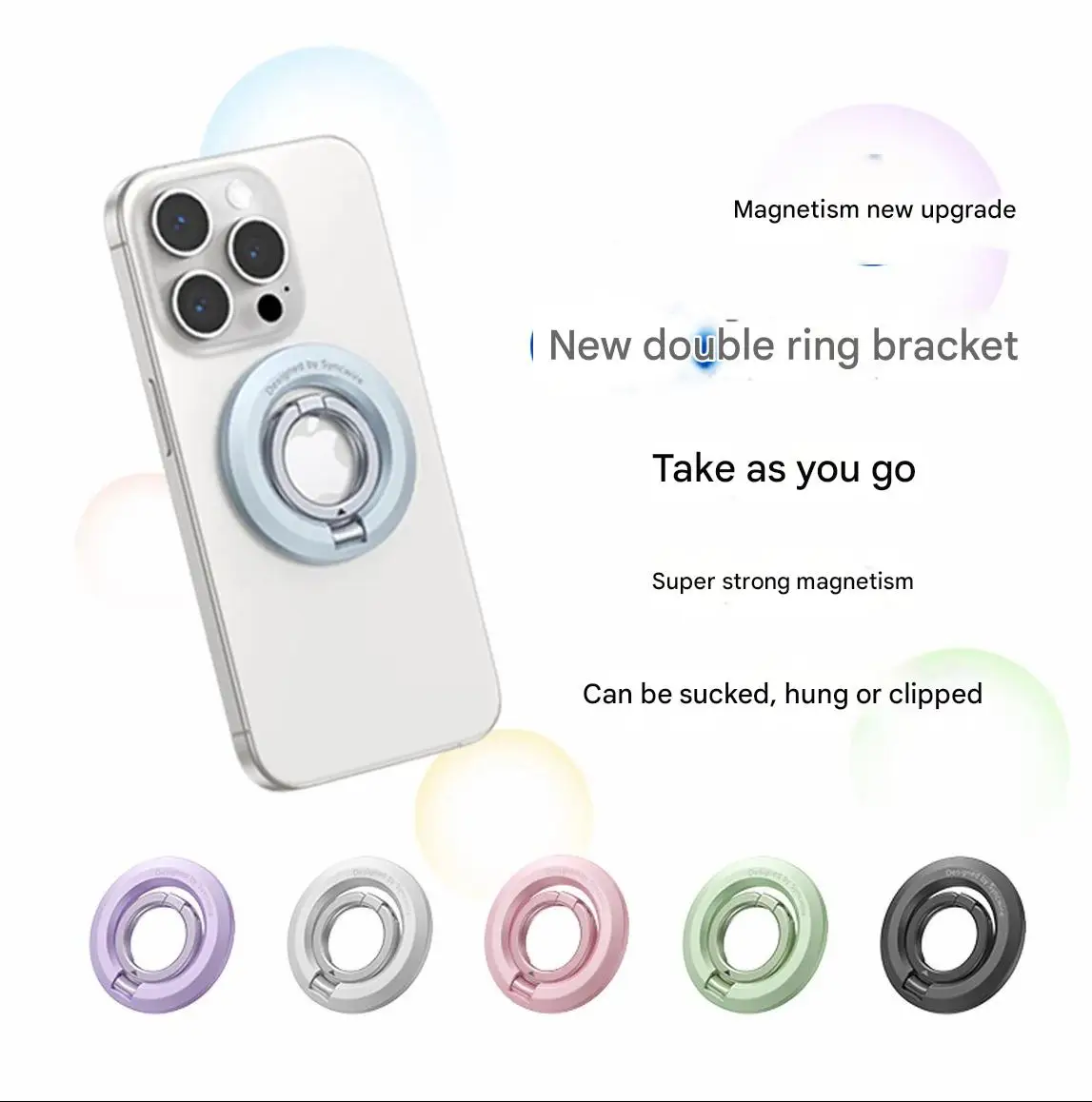 QM actualiza el soporte magnético para teléfono de doble anillo con rotación multiángulo y modo de suspensión de soporte de pantalla horizontal y vertical.