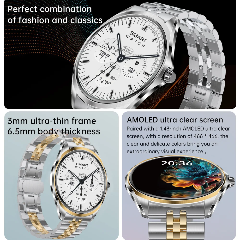 6.5mm Fuselage AMOLED Screen Smartwatch Men Waterproof  Women Blue Tooth Call Smart Watches Sports Rotary Encoder Health Monitor