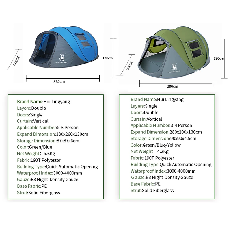 HUI LINGYANG-Tendas automáticas ao ar livre, Jogue Pop Up Tent, Camadas duplas, grande, impermeável, Camping, Caminhadas, 4-6 Pessoa