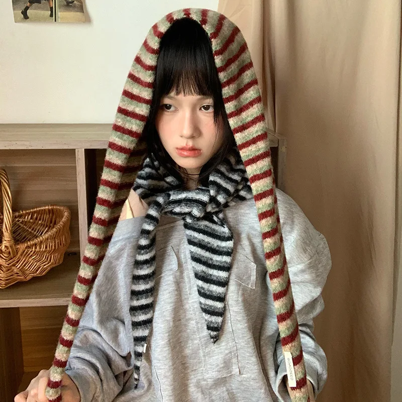 Striped Korean Ins Style Knitted Scarf Winter Ladies Japanese Wool Triangular Scarf Shawl Versatile Outdoor Jumper Accessories