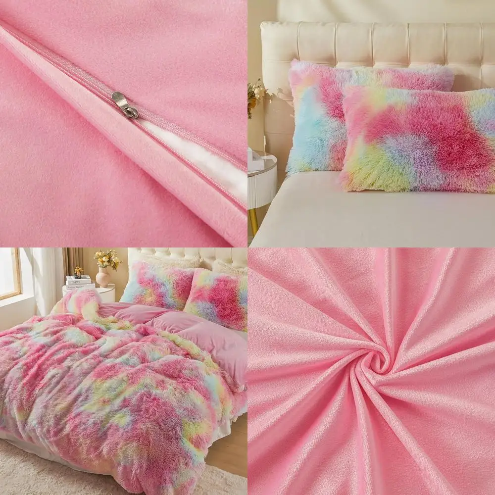 

Queen Size Plush Duvet Cover Set - Rainbow Pink, 2-Piece Fluffy Comforter Cover for Queen Beds