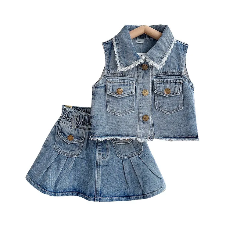 Girl\'s Summer Fashion Blue Denim Set Girl\'s Sleeveless Ragged Edge Coat Pleated Skirt Casual Two-piece Set Girls Clothes Mickey