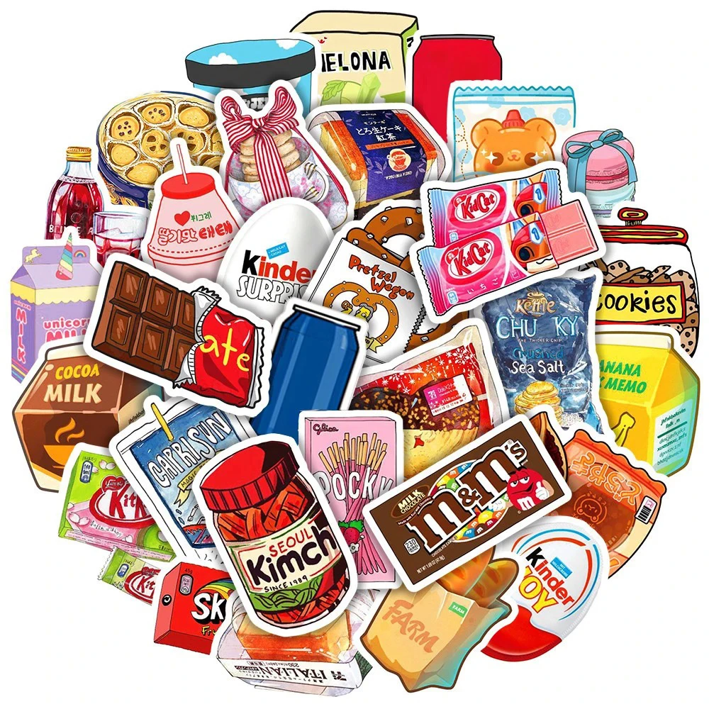 10/30/50pcs Drink Milk Snack Food Packaging Stickers Phone Scrapbook Motorcycle Cool Car Waterproof Cartoon Sticker for Kids Toy