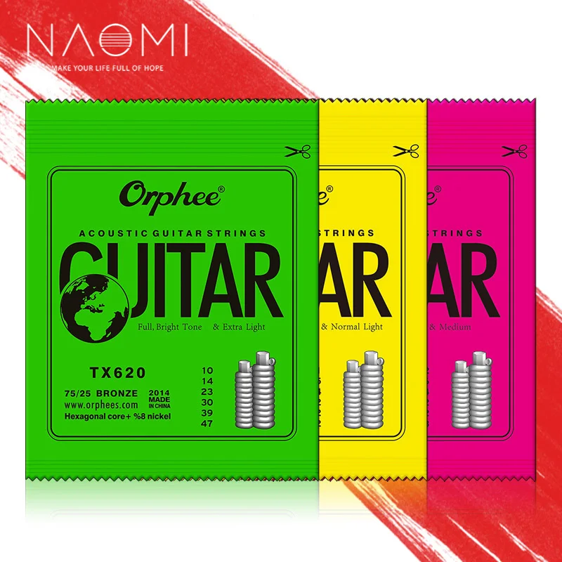 

NAOMI Orphee Metal Acoustic Guitar Strings Set Hexagonal Core Nickel Full Bright Tone TX620/630/640 Series For Folk Music