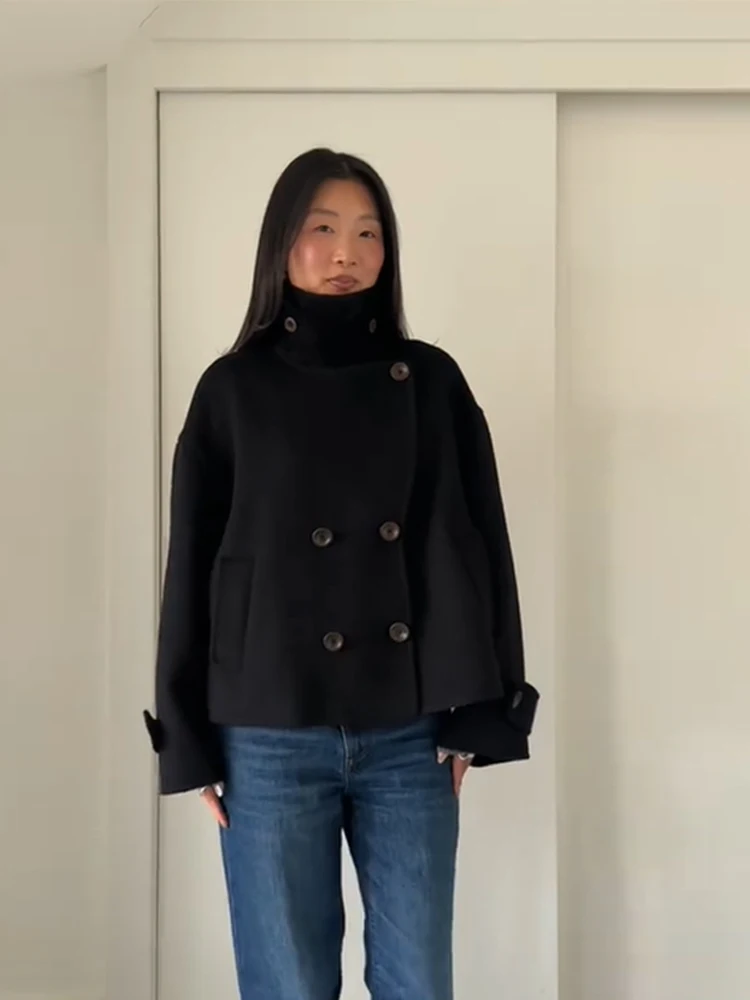 

Элегантное женское короткое пальто с воротником-стойкой, двубортное черное пальто с высоким воротом и длинными рукавами, 2024, модная новая офисная женская верхняя одежда