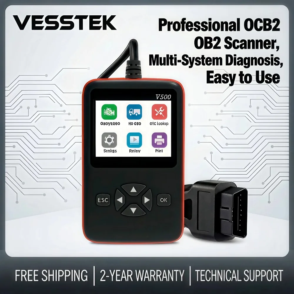 

Диагностический сканер VESSTEK New Car Diagnostic Tool V500 для анализа двигателя - поддержка 12 протоколов, OBD2, с сертификатами FCC, CE, RoHS