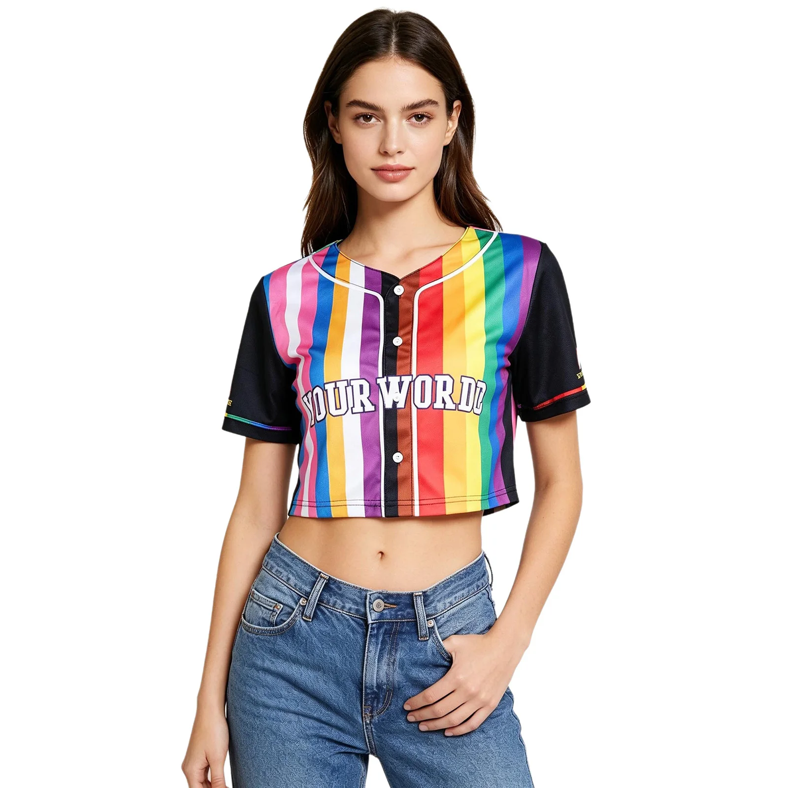 Womens Baseball Jersey Crop Tops V-neck Short Sleeve Buttons Letters Printed Striped T-Shirts Top for Cheerleading Ball Games