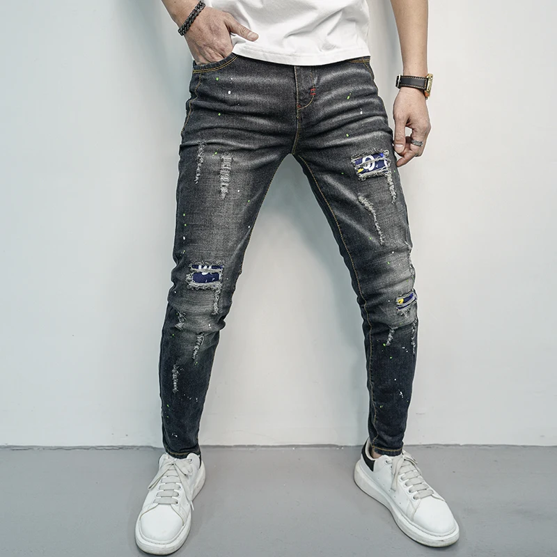 Zwart Grijze Jeans Heren Slim Fit Patch Patch Printontwerp Straat Cool Casual Getaped Motorbroek