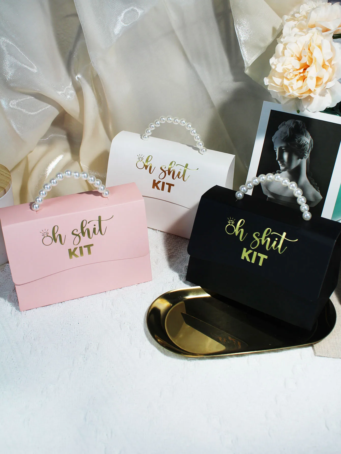 3pcs Oh Shit Kit Mini Gift Boxes with Pearl Handles, Set of 3, Ideal for Wedding Emergencies,Includes Black, White & Pink Boxes