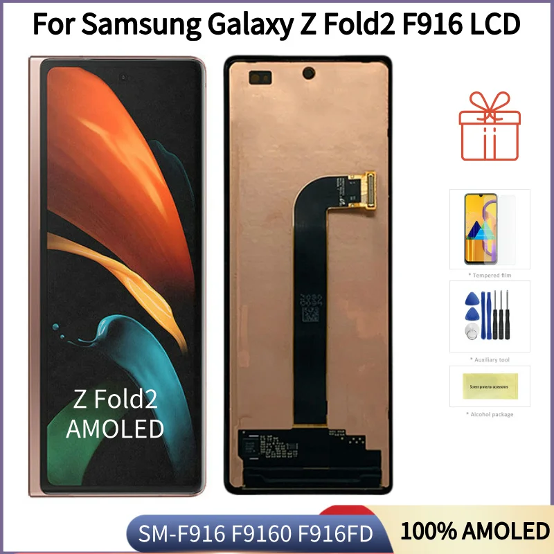 100% Super AMOLED LCD For Samsung Galaxy Z Fold2 5G LCD SM-F916 F9160 F916FD Display Touch Screen Digitizer Assembly