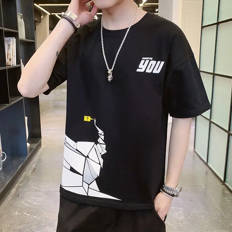 Youthful Vitality Fashion Printed T-shirts Summer Short Sleeve Men\'s Clothing Korean Round Neck Casual All-match Loose Pullovers