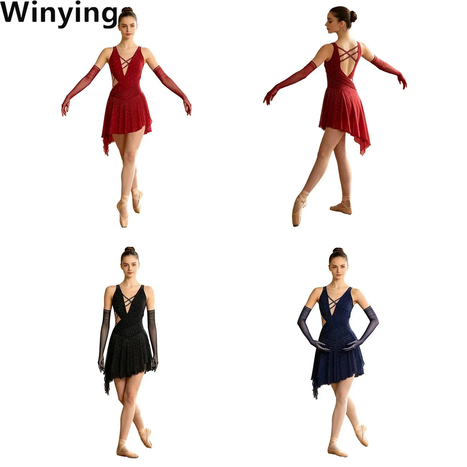 

Women Dance Dress with Mesh Gloves Strappy Backless Rhinestone Embellished Asymmetrical Hem Dress with Built-in Briefs