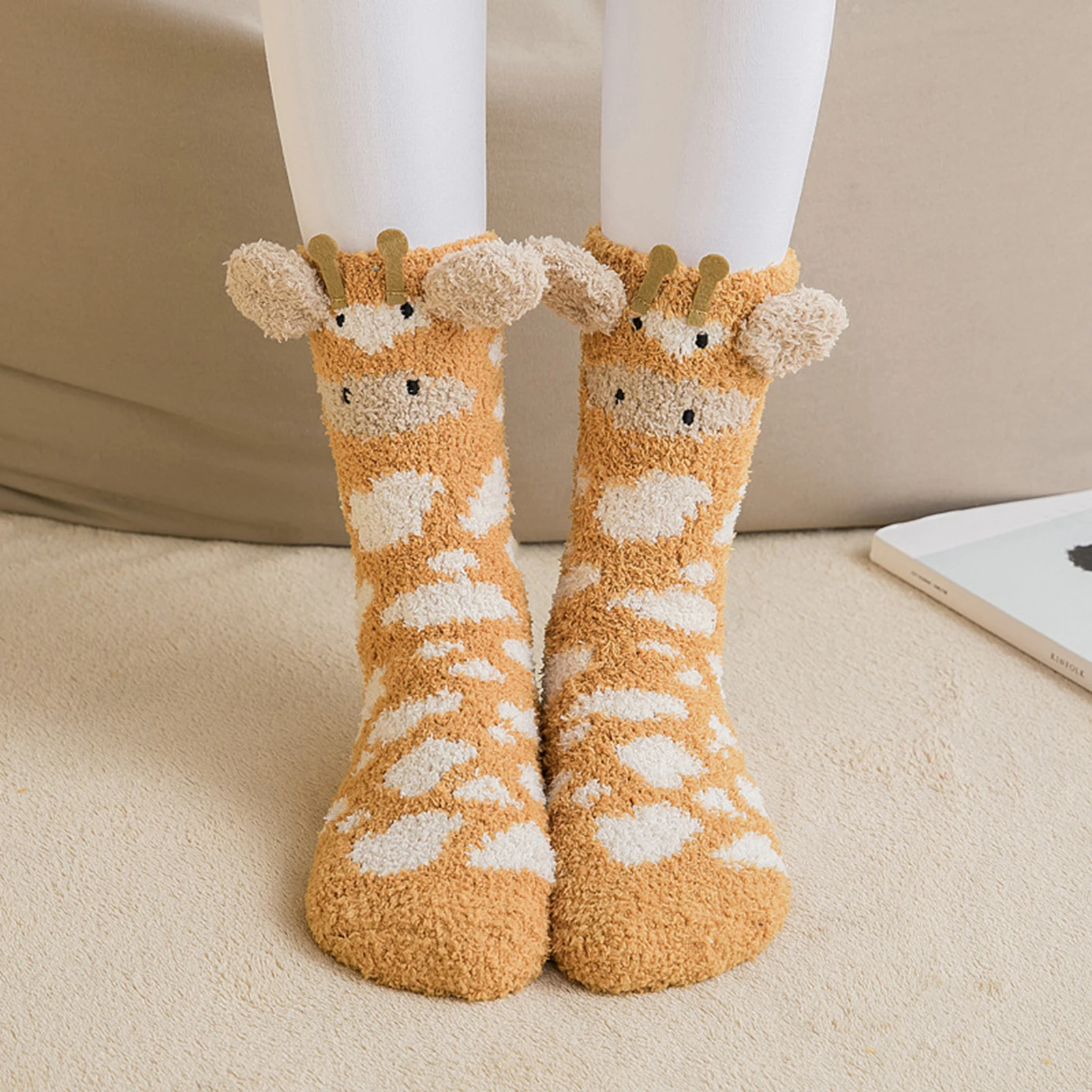 1 Pair Adults Socks Cartoon Cat Rabbit Alpaca Giraffe Chick Fuzzy Fluffy Thickened Stretchy Keep Warm Coral Fleece Autumn Winter