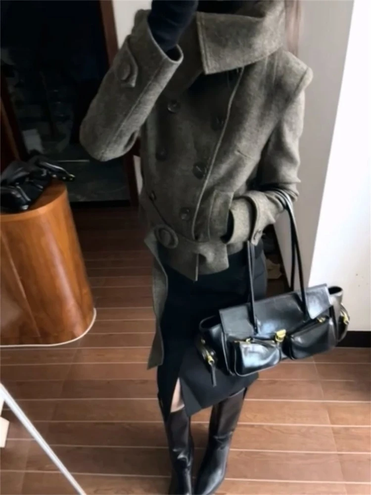 French Vintage Elegant 2 Piece Sets Women Slim Belt Design Retro Coat + Casaul retro Skirt Female Chic Korean Popular Clothes