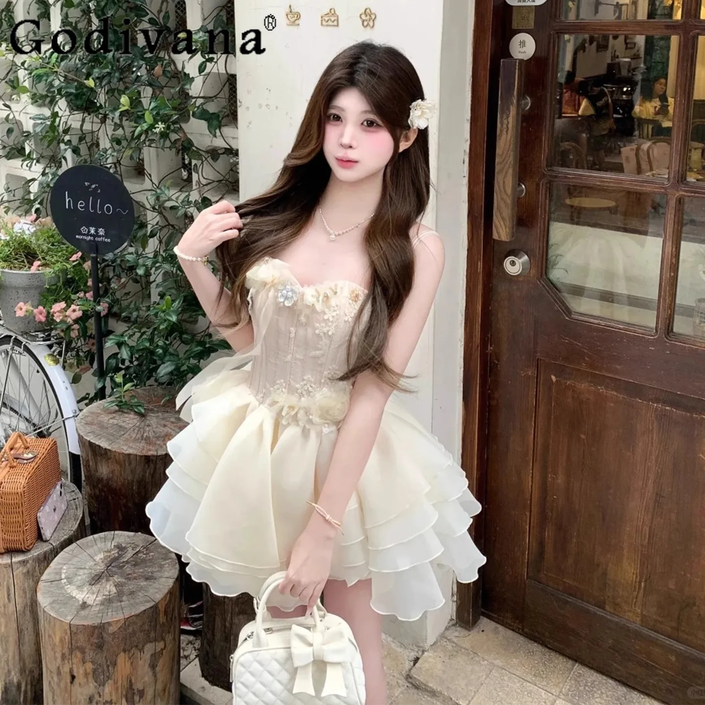 

French Vintage Elegant Lolita Champagne Evening Dress Fairy Student Bar Mitzvah Banquet Princess Cake Fluffy Dress