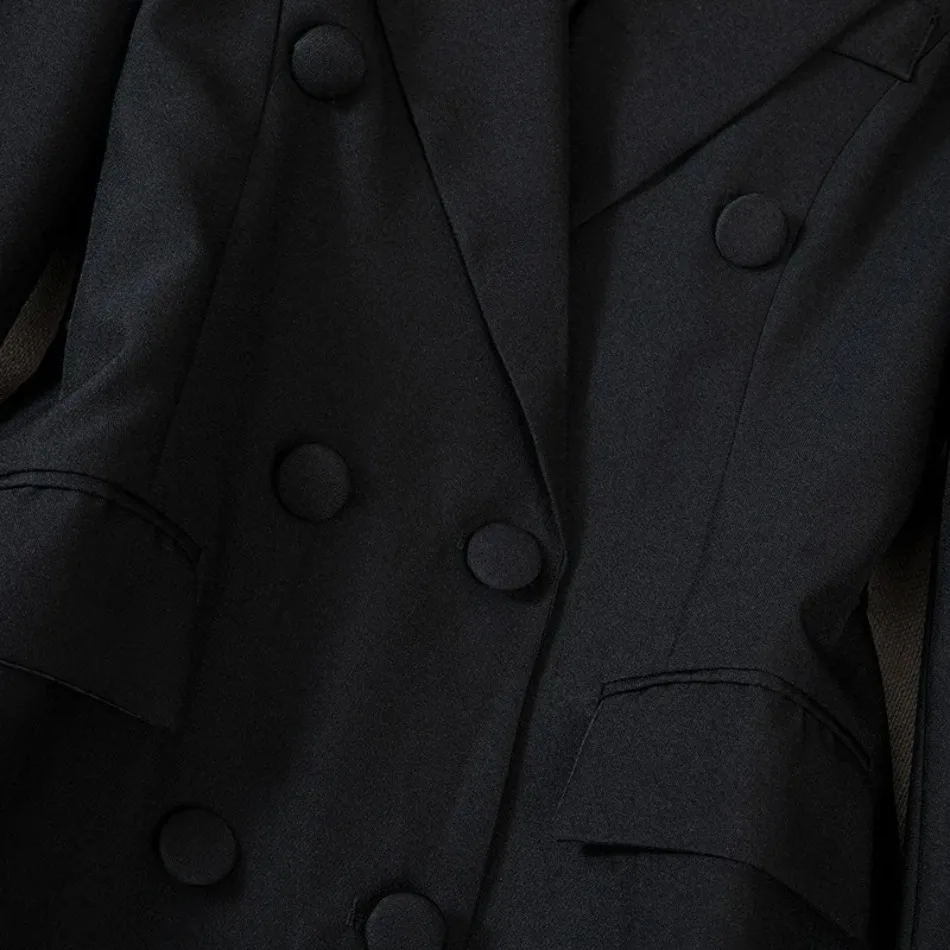 Frühling Herbst Damen Blazer Neu Einfarbig Mittellanger Schwarzer Blazer Jacke Damen Doppelreihiger Loser Blazer Damen Oberbekleidung – Detail 6