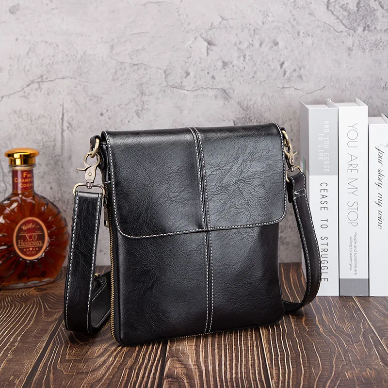 PU leather men's vertical square single-shoulder bag with flip cover, light and thin flat storage, travel crossbody bag