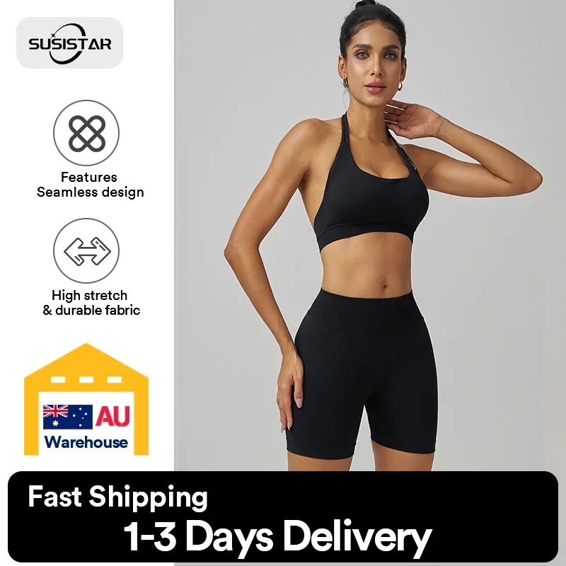 SUSISTAR Workout Sets for Women 2 Piece Outfits Seamless Ribbed Sport Bra Plus Size High Waist Shorts