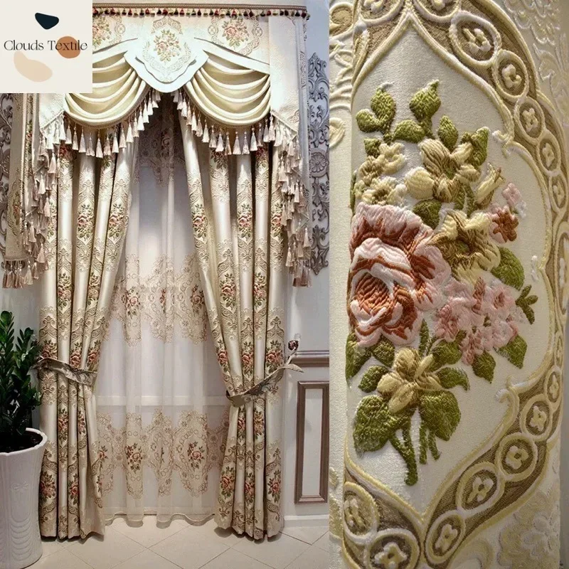 

European Jacquard Luxury Blackout Curtains for Living Dining Room Bedroom Embossed Thickened Embroidery Tulle Window Customize